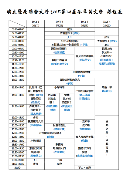 國立暨南國際大學2015第14屆冬季英文營 課程表