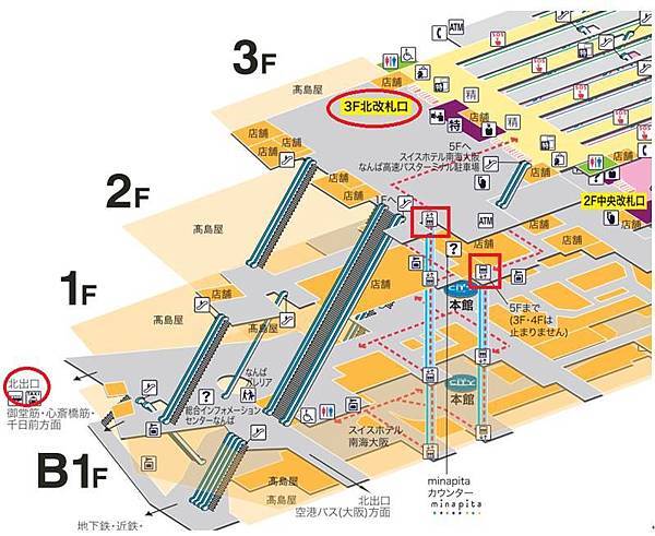南海電鐵「なんば駅」（難波駅）立體構內圖截圖內，特別注意箱型電梯和北出口的位置。.jpg