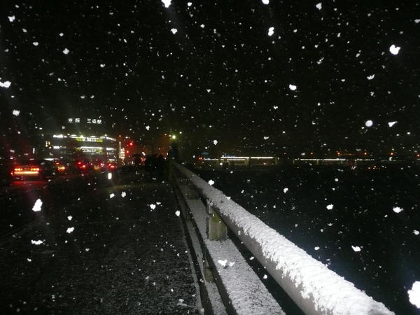 晚上也下雪了 鴨川河畔 三條大橋