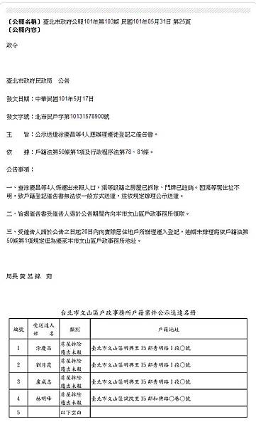 公示送達涂慶昌等4人應辦理遷徙登記之催告書-2012.05.17