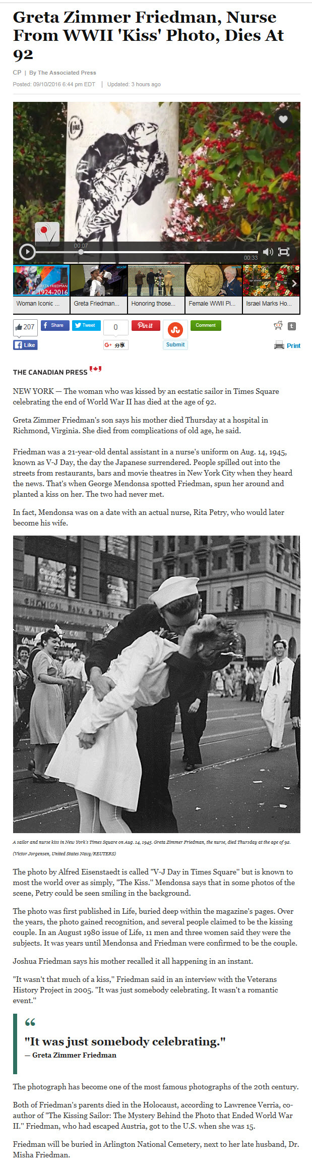 Greta Zimmer Friedman, Nurse From WWII 'Kiss' Photo, Dies At 92-2016.09.10.jpg