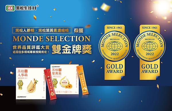 圖一:黑松生技兩項產品獲2022年Monde Selection世界品質評鑑大賞「金獎」。 圖一:黑松生技兩項產品獲2022年Monde Selection世界品質評鑑大賞「金獎」。