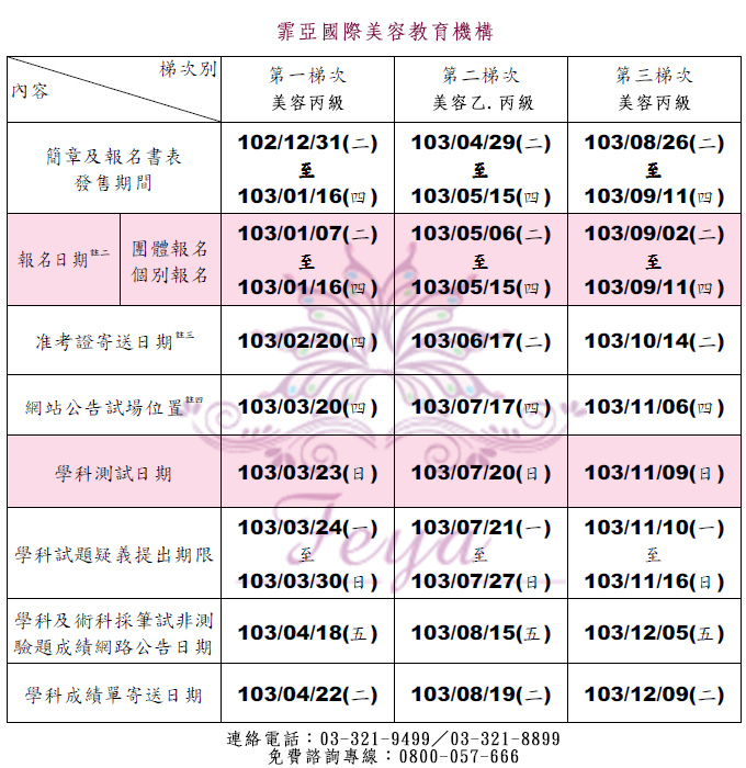 103年美容乙級丙級考試時間