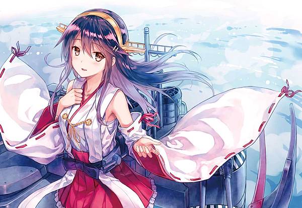 Konachan.com - 213976 anthropomorphism brown_eyes haruna_(kancolle) headband hiten_goane_ryu japanese_clothes kantai_collection long_hair miko skirt.jpg