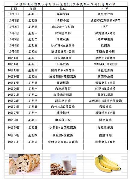 103學年度上學期10月份點心計畫表