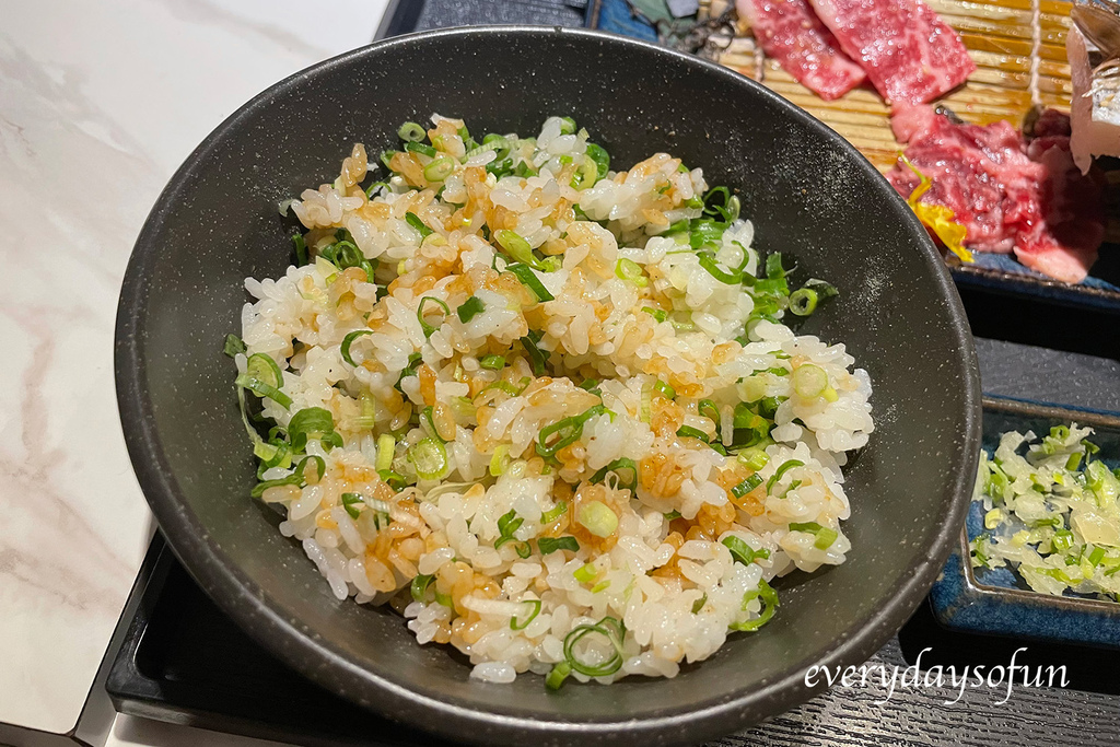 話說這蔥花鋪滿一半的白飯，給得很豪邁耶