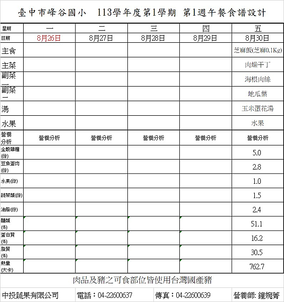 113.8.30~113.10.4午餐菜單與營養分析