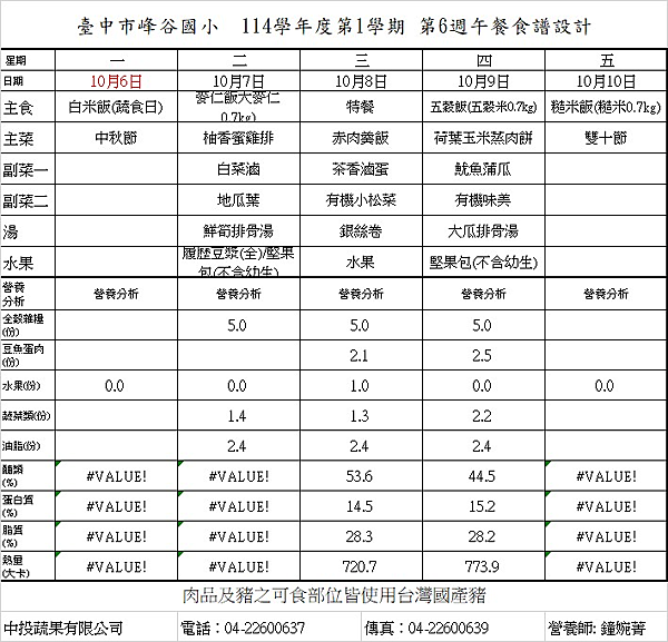 114.10.6~114.10.31午餐菜單與營養分析
