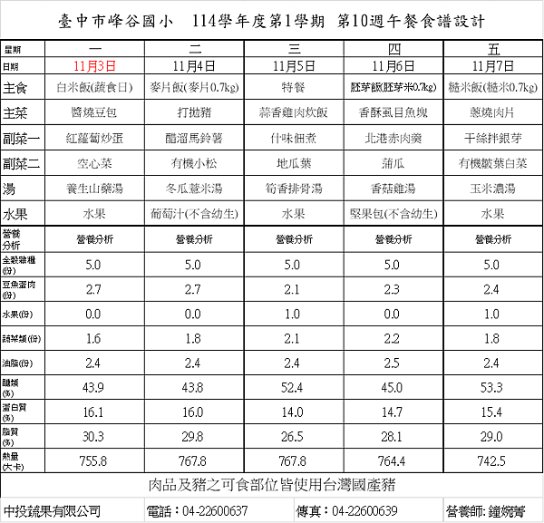 114.11.3~114.11.28午餐菜單與營養分析