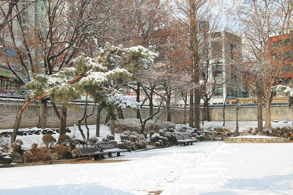 韓國首爾。下大雪的東廟、南山谷韓屋村(남산골한옥마을)、 土