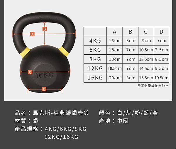 馬克斯-4kg-16kg(黃)-經典鑄鐵壺鈴（kettlebell/ weight training/Gym equipment ）FunSport