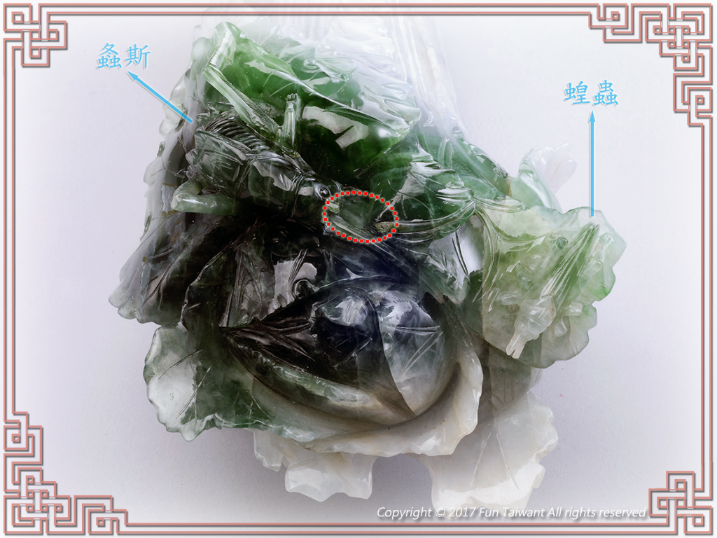 24 仔細觀查「翠玉白菜」上的螽斯，左側的觸鬚斷缺約1公分（如紅圈所示）。根據陳年照片推斷至少在1966年時就已缺損。
