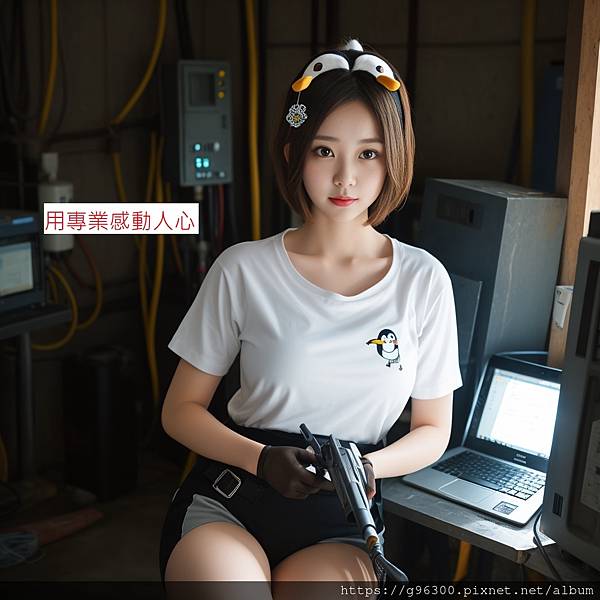 00444-1010697547-penguin girl,1girls,  white shirt,repairing, computer, holding, welding, , thigh holster,penguin hair .jpg