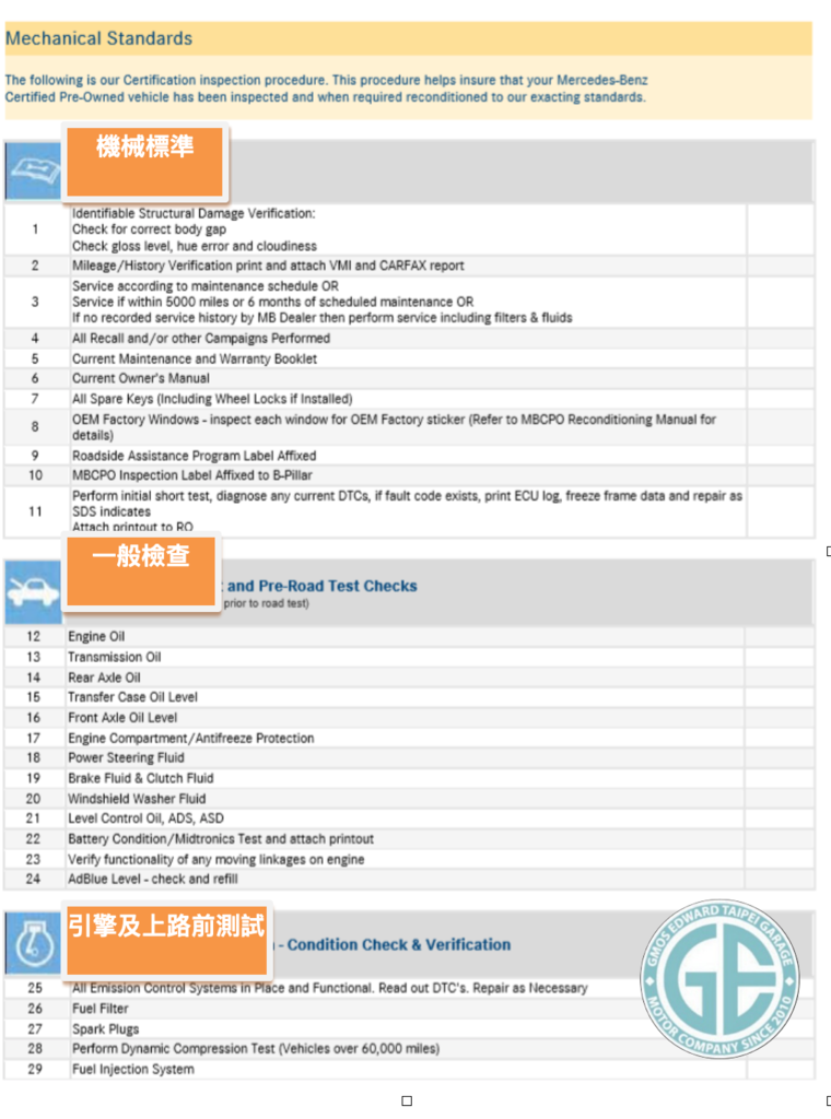 機械標準-賓士原廠認證外匯車需經過以下的檢驗程序保證車輛按照嚴格修復標準進行
