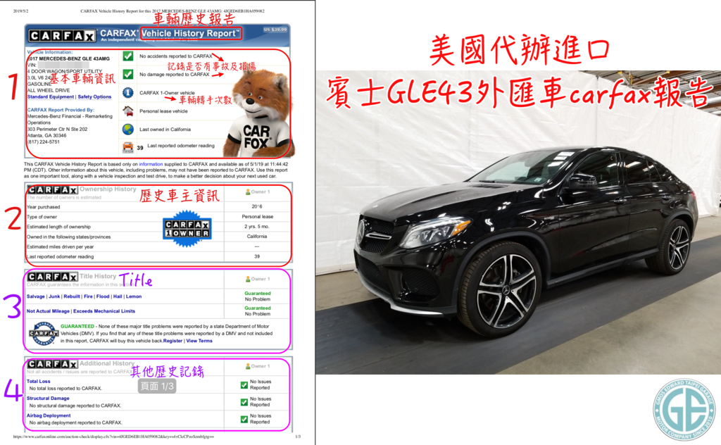 GE台北車庫從美國代購進口的美國賓士GLE43 AMG Carfax報告