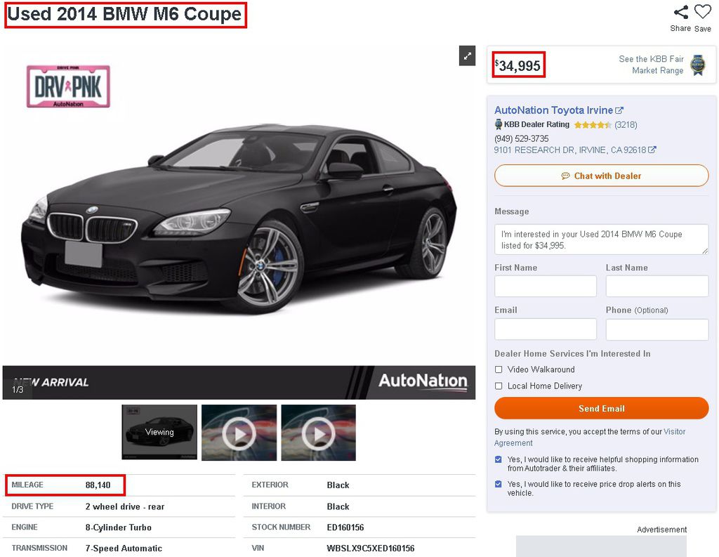 以下是在Autotrader.com找到的2014 BMW M6 Coupe 美國中古車，網站上可以設定各種尋車條件，不管是年份、里程、或是CPO原廠認證等，都可以輕鬆篩選您喜歡與不喜歡的條件，以外，有些還有提供Carfax或是AUTOCHECK的報告可以查看，像是這台2014 BMW M6，就有提供Carfax，可以看到報告中有顯示里程數、歷史的擁有者、評分、有沒有事故或是損傷等。