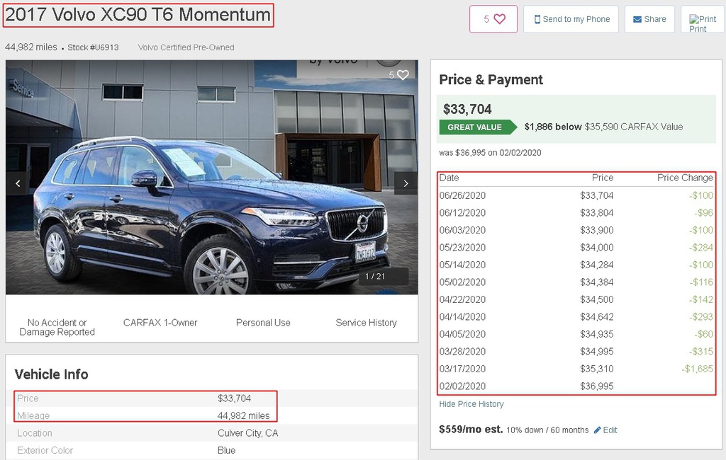 美國中古車網站找到的一台2017 Volvo XC90 T6，可以看到里程數是44.982英哩，換算公里大概是7萬公里左右，然後售價部分，從2月2號掛上36.995美元到目前最近價格6月26號已經降價了3.291美元，相當於降了快10萬台幣，為什麼會這樣呢?最近疫情關係，美國那邊湧入大量中古車，並且很多停車場也停滿的中古車，就是因為中古車商子自己的場地都停不下了，所以他們很急於趕快賣掉這些車