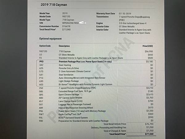 2019年 718 cayman 選配表Options List