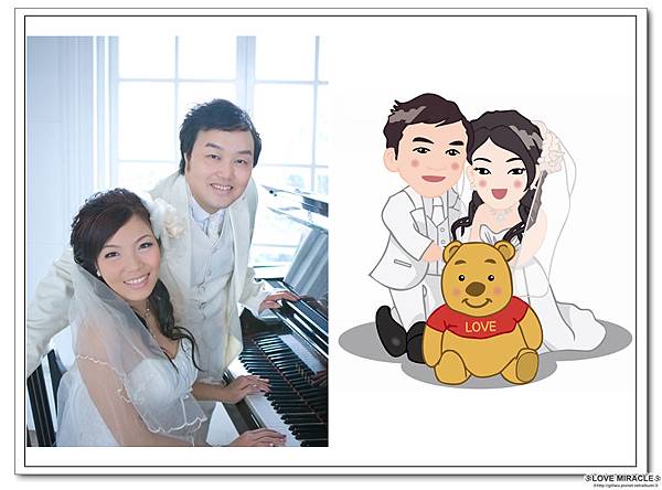 婷&斌的婚紗照和Q版娃娃的對照，嗯~有沒有很像呀，這是經過GG嚴格的校槁再校槁的哦~Q版娃娃的特色，就是有像但又不失真且又可愛~所以，水水們有沒有心動呀~快來跟PP預約屬於你們的Q版娃娃