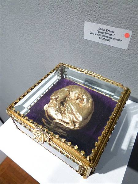 Sarina Brewer "Sweet Dreams" Gold-leafed chipmunk mummy in velvet-lined vintage glass casket 4.5" x 4.5" x 2.25"ery076