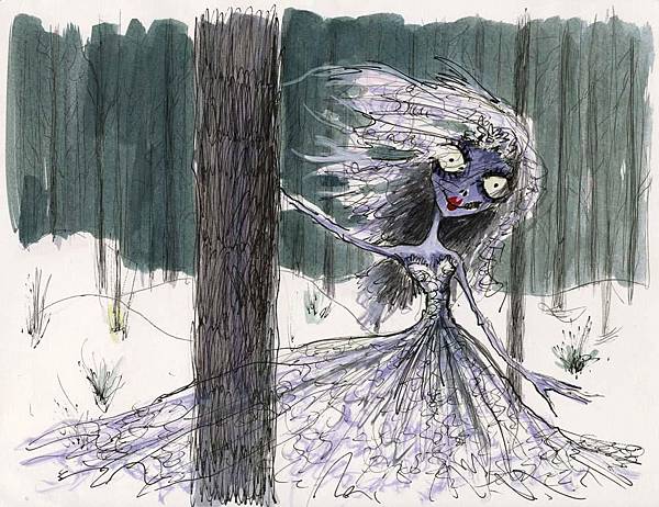 1442 Tim Burton original concept artwork of Emily hanging on tree from Corpse Bride $2,250.jpg