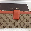 GUCCI 經典logo緹花布橘色皮革邊長夾 