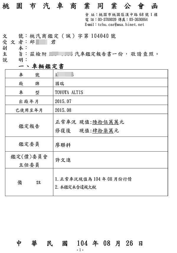 桃園市汽車公會 鑑定範例書 教你如何 行車事故或泡水修護後 價差折損 你知道要向誰求償 中古車 龍億汽車hot好車大聯盟