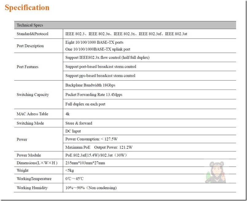 TENDA TEG1009P-EI SPEC