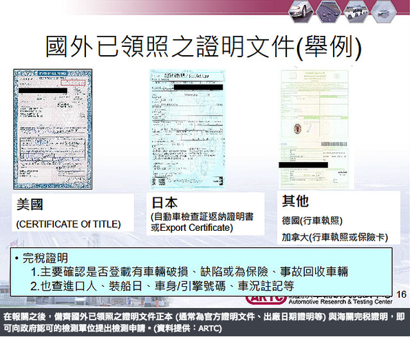選外匯車的時候儘量選在國內常見的車款,儘量不要選擇過於罕見的超級性能車款 大c.c.引擎排氣量的(不要輕易嘗試會花很多冤妄錢),因為驗過的機率難如登天。  在報關之後,備齊國外已領照隻證明文件正本(通常為官方證明文件,出廠日期證明等等)與海關完稅證明,一輛進口車再上路之前,必須通過4種測驗,領到4張合格證明才能像監理機關提出領牌申請,分別為,安全,污染,噪音,耗能4大項目之測驗。