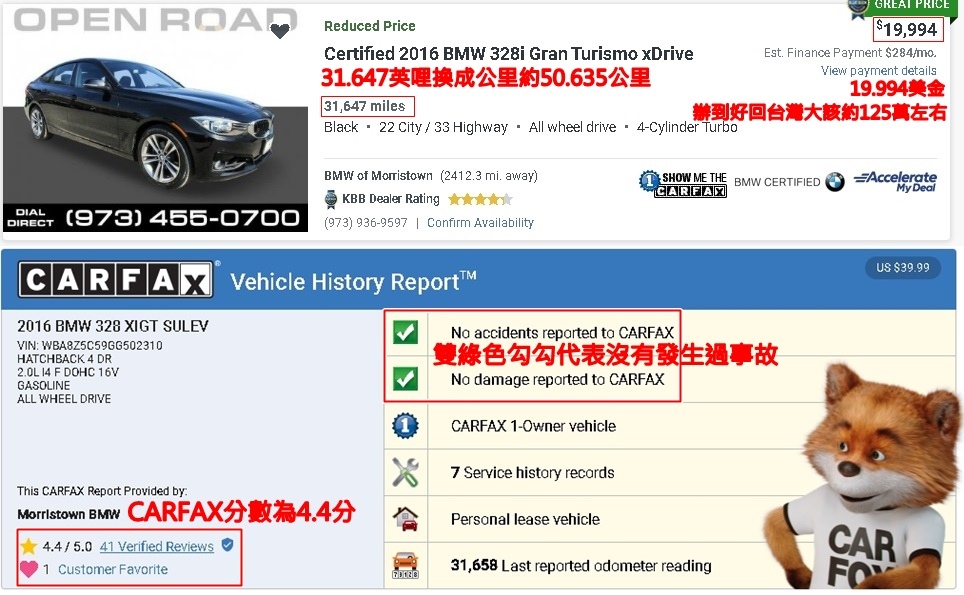 2016 BMW 328i GT新車價格大概是279萬，上圖是美國外匯車網站查詢2016 BMW 328i GT的價格，這台是31.647英哩，CARFAX分數為4.4分數，價格是19.994美金，這裡用一個粗略的計算方式，如果購買這台外匯車運回台灣，大概是外匯車拍賣網站販售價格*2*美元匯率，所以這台運回台灣大概是125萬台幣左右。