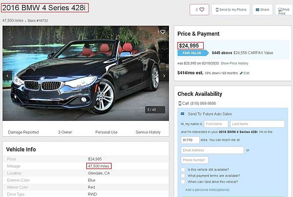 下面這張是Carfax網站收尋到的2016 BMW 428i Series Convertible美國中古車，里程數為47.500英里，換算成公里為76.000公里左右，售價為24.995美元，換算成台幣大概是75萬左右，如果您只是想知道代購美國中古車回台灣外匯車大約價格，教您一個簡單算法可以估算成本，這樣您找車比較好知道回台灣要多少錢？這種估法不是很準，當然最後我們會給您詳細估價，只是做研究時候這種簡單算法可以很快知道自己預算要抓多少了。假設這台車在國外網站是2萬美金，回台灣辦到好就是4萬美金，乘2倍就可以了，非常簡單的公式。當然大部分車不需要這麼貴，少部分車可能比兩倍還貴，但是這是一個簡單公式可以算成本。