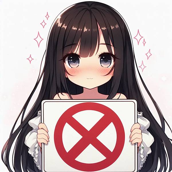 生成一張日式動畫風格的圖片。長黑髮的女孩,拿著大大的禁止告示牌,表情害羞。女孩穿白色連身裙,臉頰紅通通。 生成一張日式動畫風格的圖片。長黑髮的女孩,拿著大大的禁止告示牌,表情害羞。女孩穿白色連身裙,臉頰紅通通。
