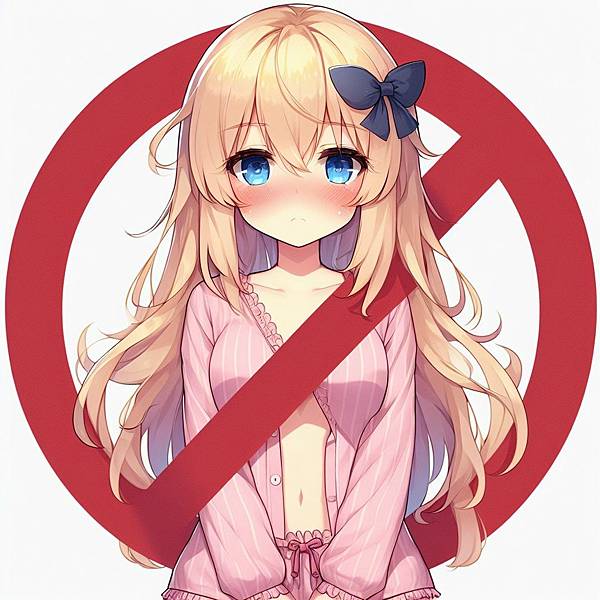 生成一張日式動畫風格的圖片。淺金色長髮的女孩,拿著大大的禁止告示牌,表情害羞。女孩穿粉色居家服,頭頂右側綁著一個深藍色絲帶,臉頰紅通通。 生成一張日式動畫風格的圖片。淺金色長髮的女孩,拿著大大的禁止告示牌,表情害羞。女孩穿粉色居家服,頭頂右側綁著一個深藍色絲帶,臉頰紅通通。
