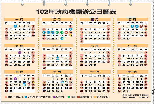 102年辦公日曆表已會商敲定  春節確定為九天