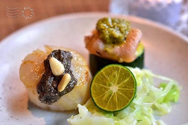 食養山房:黃鮭魚捲+節瓜、香煎干貝、高麗菜+金桔