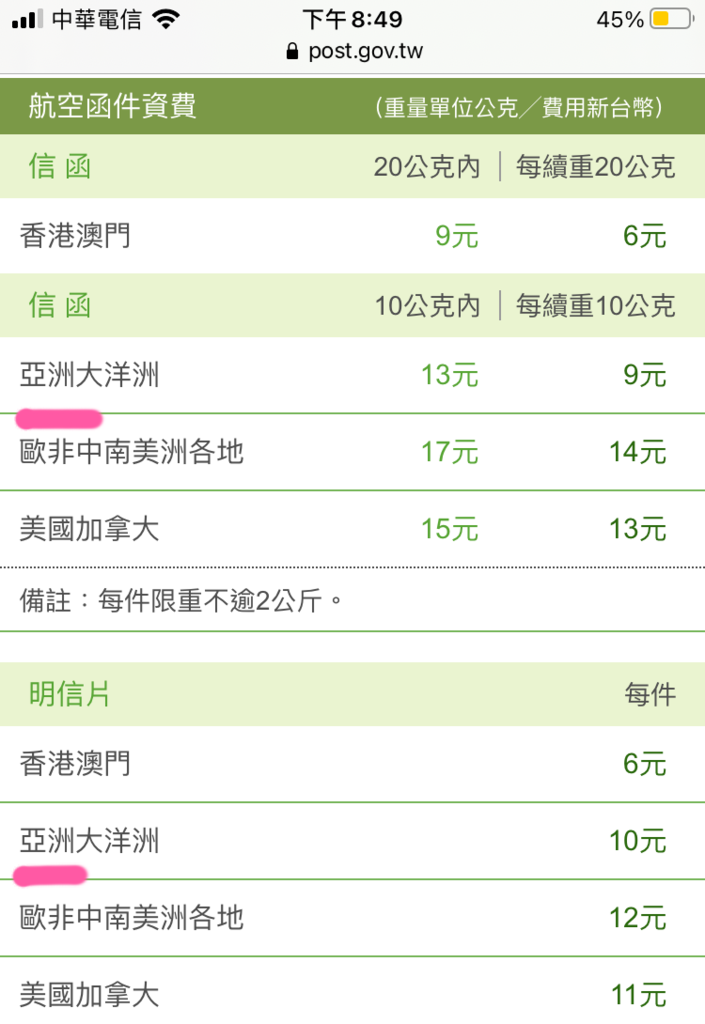 ♥光。分享♥ 關於寄信到韓國的郵資 , (寄信到韓國實用必備