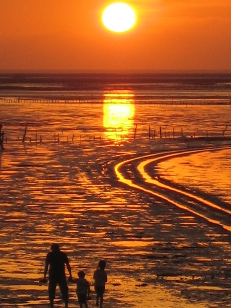 夕陽餘暉，手，牽著