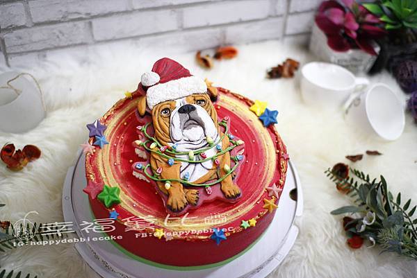 15-I1422 浮雕塑形蛋糕-英國鬥牛犬 過聖誕 [8、10吋] #狗#聖誕.jpg