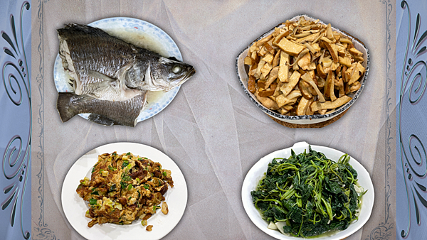 【家常菜】清蒸鱸魚+蔥花蛋+炒地瓜葉+雞胸肉炒豆干杏鮑菇