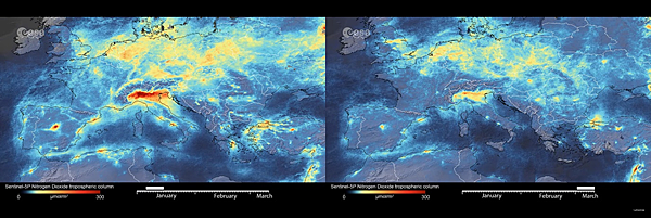 圖二：由衛星圖顯示義大利北部上空的二氧化氮(NO2)含量，在2020年2月的濃度含量大幅下降。圖片來源：NASA網頁earthobservatory.nasa.gov