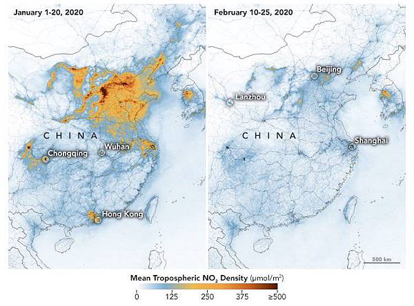圖一：由衛星圖顯示中國上空的二氧化氮(NO2)含量，在2020年2月的濃度含量大幅下降。圖片來源：NASA網頁earthobservatory.nasa.gov