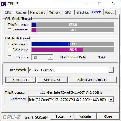 i5-11400F預設值跑CPU-Z 1.96 Benchmark