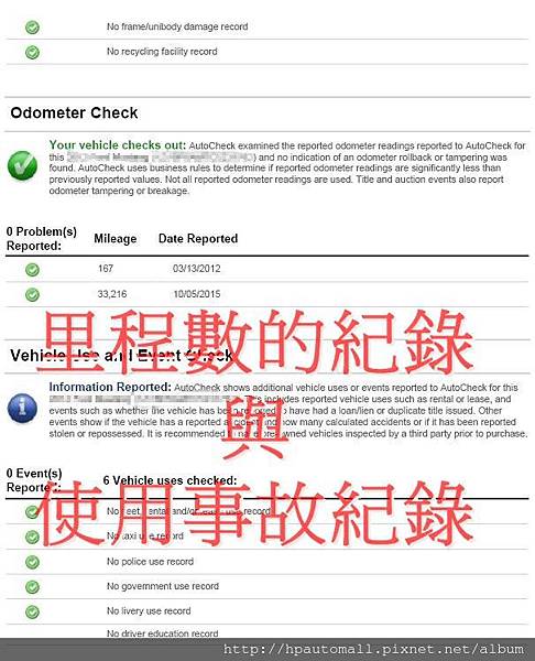 AutoCheck報告中除了一些基本資料外,像是里程數的紀錄，車輛保養紀錄