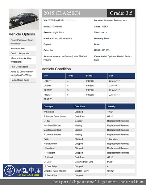 美國賓士CPO網站上提供的車輛資料， 可以看到有車輛的基本介紹（里程數，車型，車款，顏色...）外，配備也都有詳細的說明, 在圖的右上方還有貼心幫你把這台車打分數，基本上3.5分以上的車況都是不錯的
