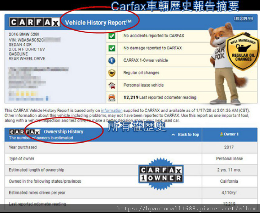 Carfax車輛歷史報告摘要大概可以看出一台2016 BMW 528i外匯車沒事故報告，也沒有損壞報告，只有一任車主，有定期換油保養，是個人租賃車，車輛里程最近報告只跑12,219英哩。 所有權歷史可以看到前一任車主是在2017年開始用個人租賃這台2016 BMW 528i外匯車，在美國加利福尼亞州(State of California)使用這台車，平均一年開4,110英哩，擁有了2年11個月左右，里程在12,219英哩。