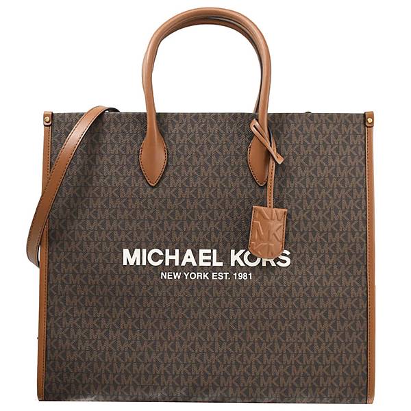 Michael Kors MIRELLA 經典MK印花拼接手提超大旅用包兩用包托特包(深咖).jpg