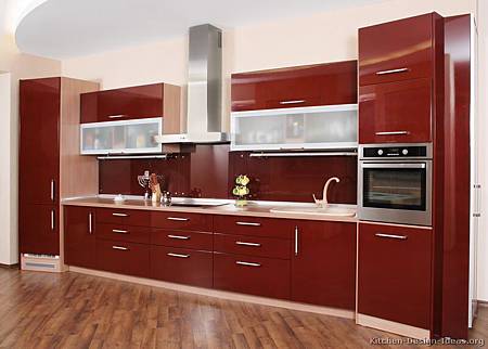 Incredible-kitchen-cabinet-Ideas-with-modern-red-angled-cabinets-wood-floor-Design-Combined-with-Beige-Kitchen-Countertop-Decor