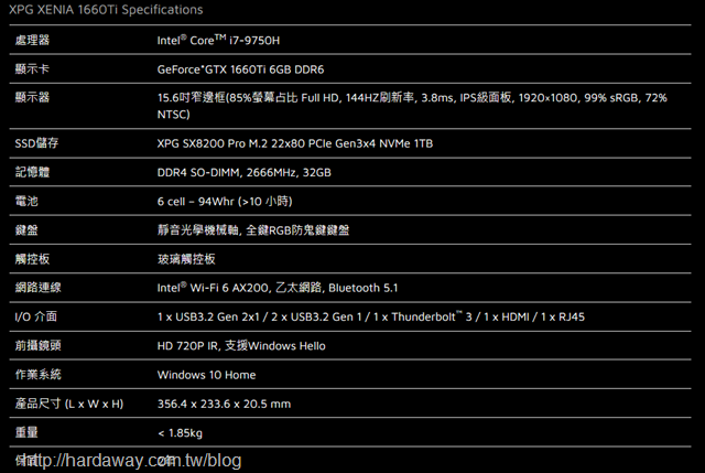 XPG XENIA女武神薩尼亞電競筆電規格