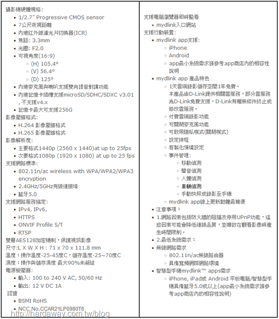 D-Link DCS-8635LH硬體規格