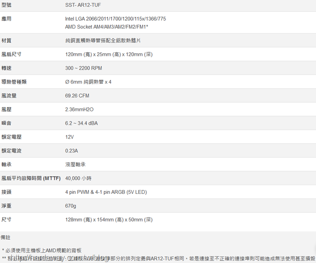 銀欣AR12-TUF散熱器規格